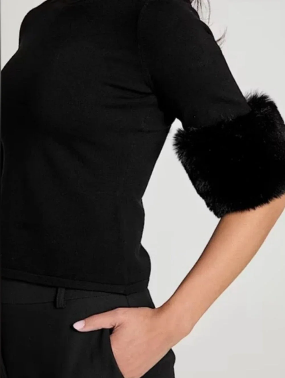 MICHAEL Michael Kors Black Derby Short Sleeve Sweater Top with Faux Fur Sleeves